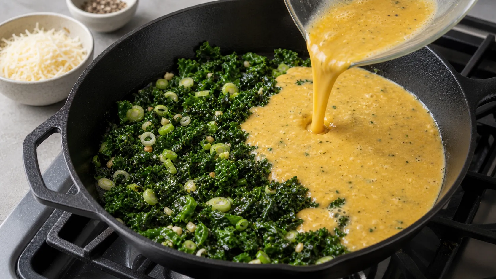 Ei-Ricotta-Masse wird in die Pfanne mit Grünkohl für Keto-Frittata gegossen