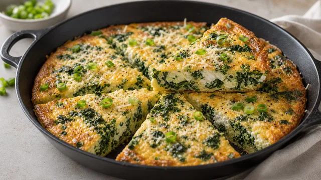 Keto Grünkohl-Parmesan-Frittata aus der Pfanne, goldbraun gebacken und in Stücke geschnitten