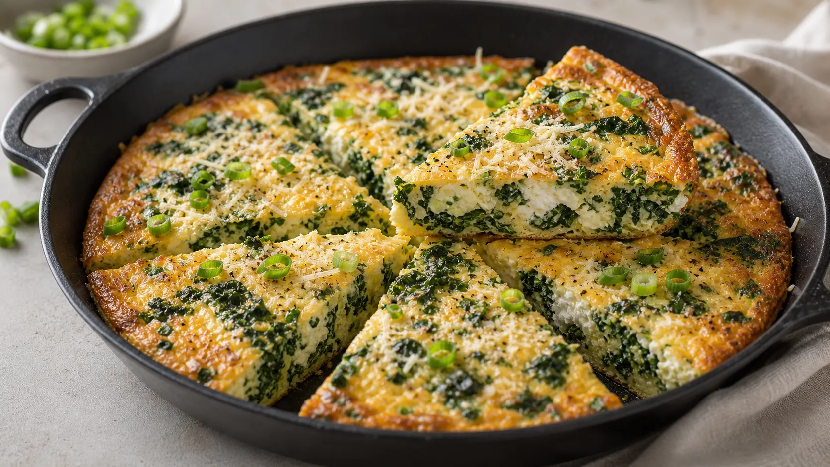 Keto Grünkohl-Parmesan-Frittata aus der Pfanne, goldbraun gebacken und in Stücke geschnitten