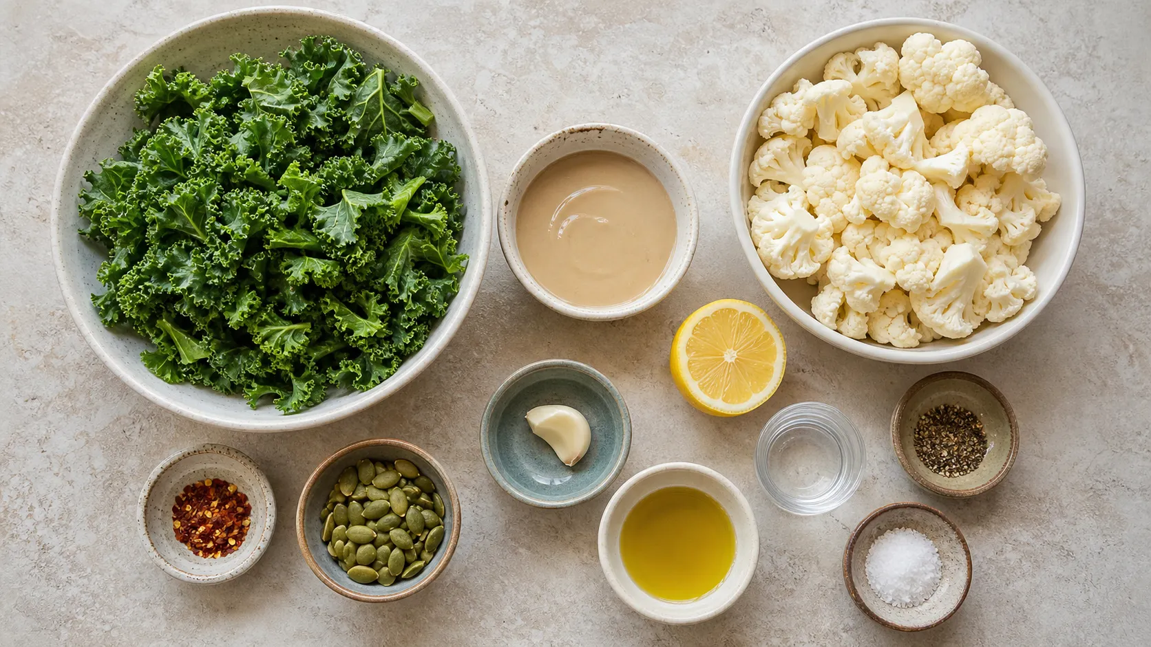 Zutaten für die Keto Grünkohl-Tahini-Bowl: Grünkohl, Blumenkohl, Tahini, Olivenöl, Zitrone, Knoblauch, Kürbiskerne und Chiliflocken