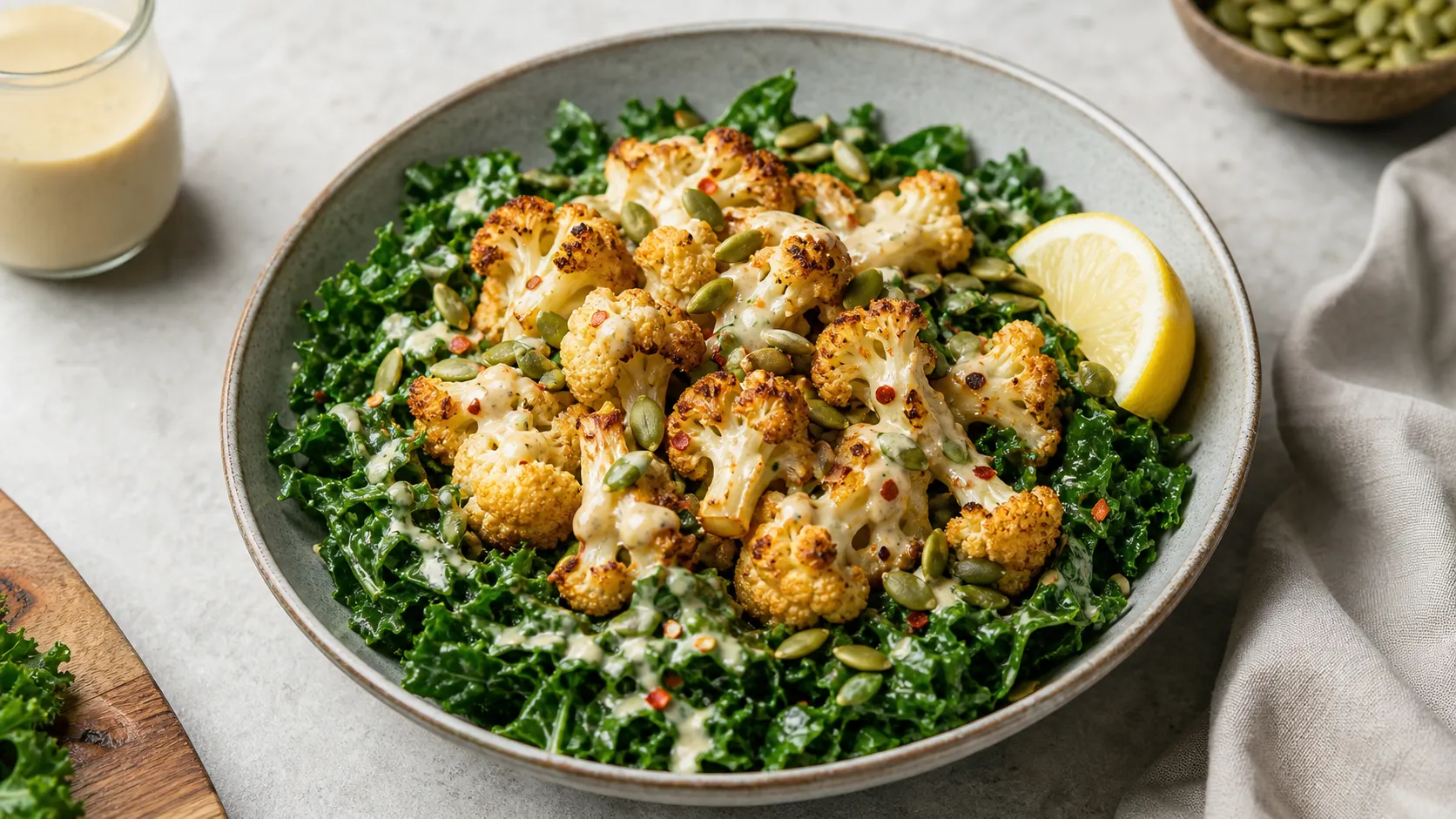 Keto Grünkohl-Tahini-Bowl mit dunkelgrünem massiertem Grünkohl, goldbraun geröstetem Blumenkohl und cremigem Tahini-Dressing, garniert mit Kürbiskernen