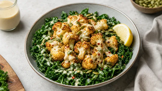 Keto Grünkohl-Tahini-Bowl mit dunkelgrünem massiertem Grünkohl, goldbraun geröstetem Blumenkohl und cremigem Tahini-Dressing, garniert mit Kürbiskernen