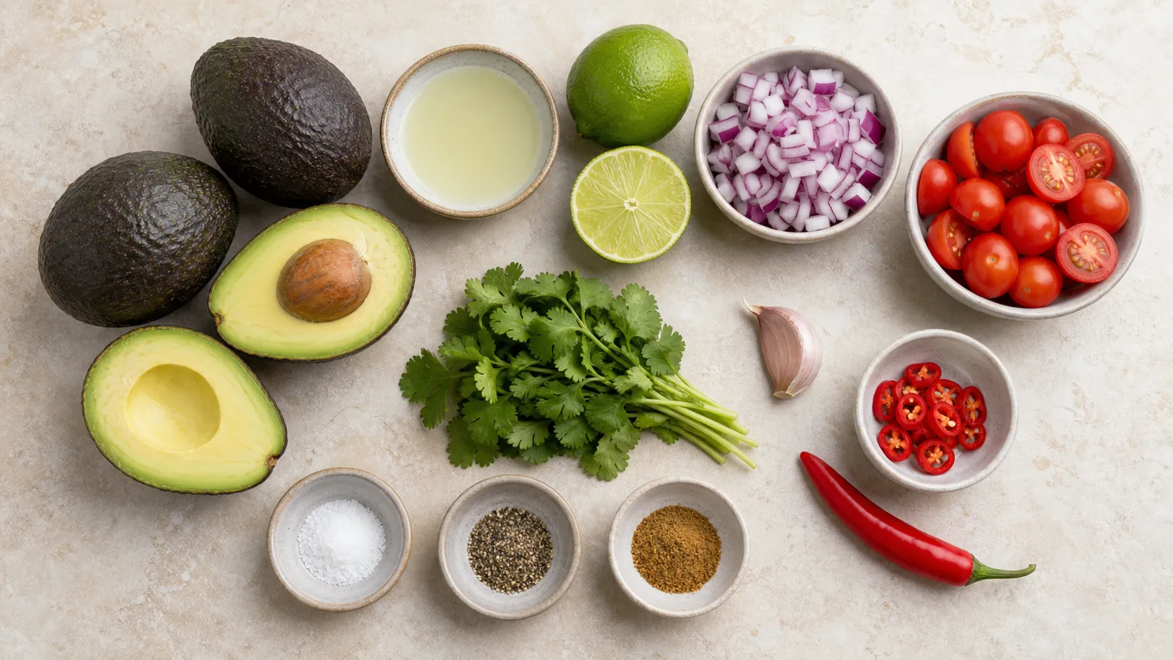 Zutaten für Keto Guacamole: Avocados, Limette, rote Zwiebel, Cherry-Tomaten, Chili und Koriander