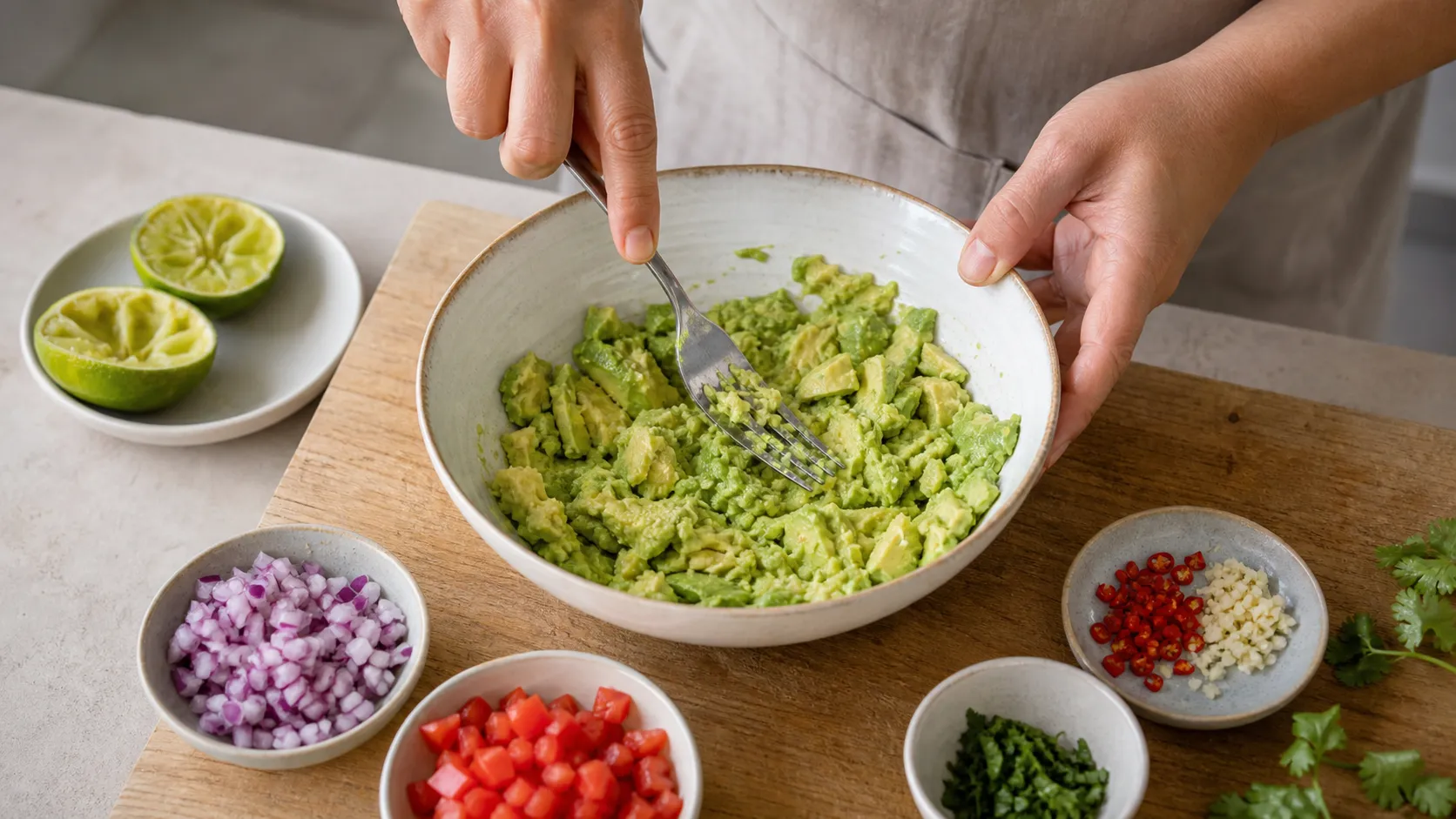 Avocadofruchtfleisch wird mit einer Gabel in einer Schüssel zerdrückt