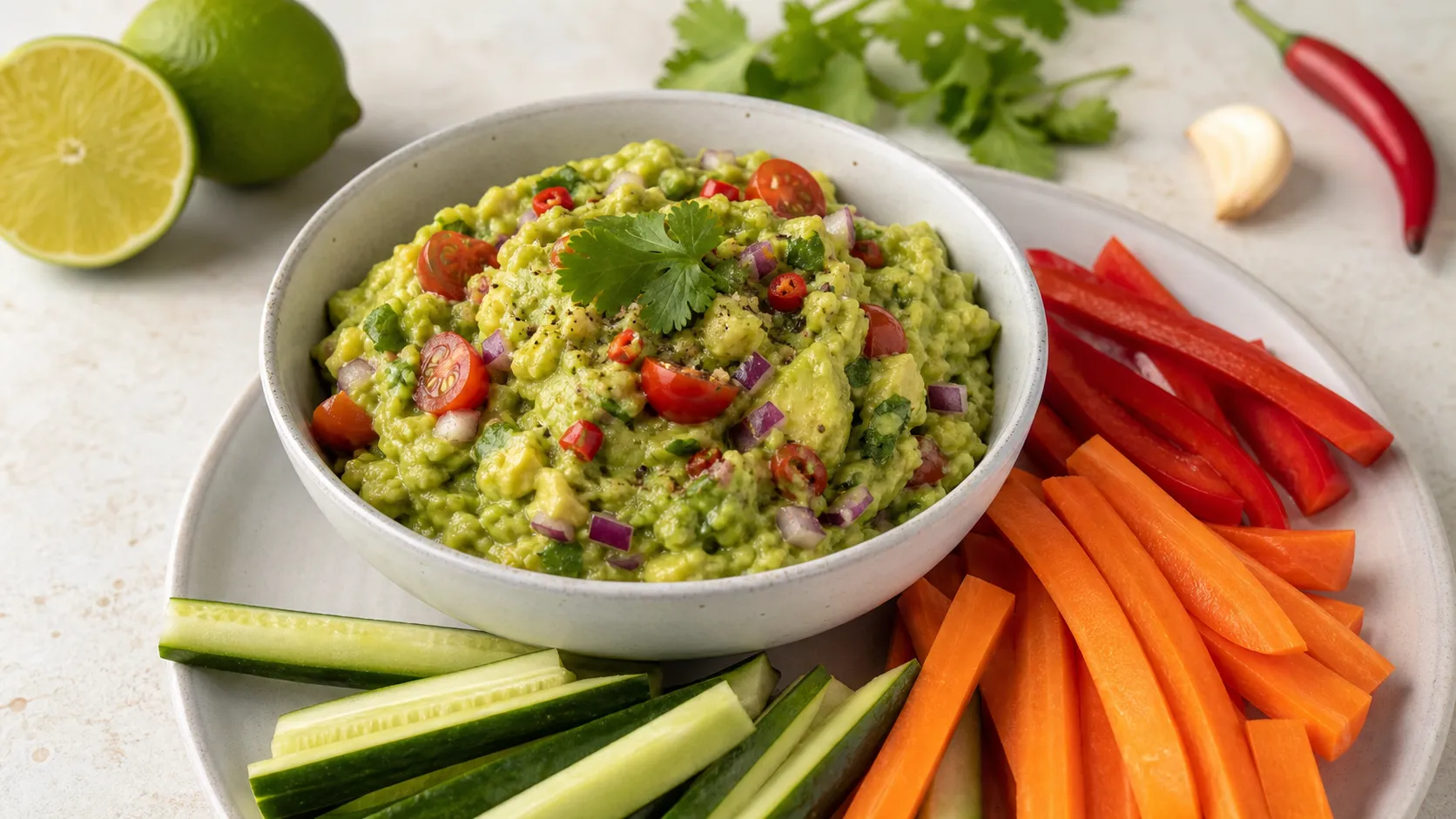 Keto Guacamole aus Avocado, Limette und Koriander in einer Schale mit Gemüsesticks