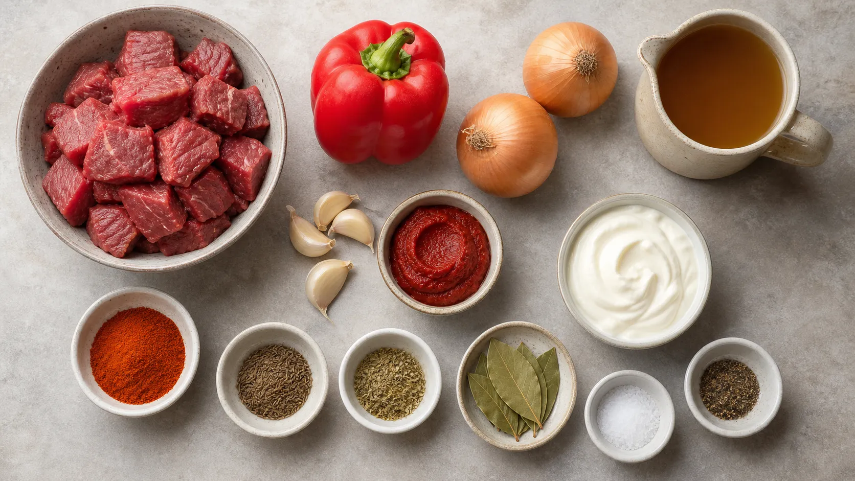 Zutaten für Keto-Gulaschsuppe: Rindergulasch, Paprika, Zwiebeln, Tomatenmark, Paprikapulver und Brühe