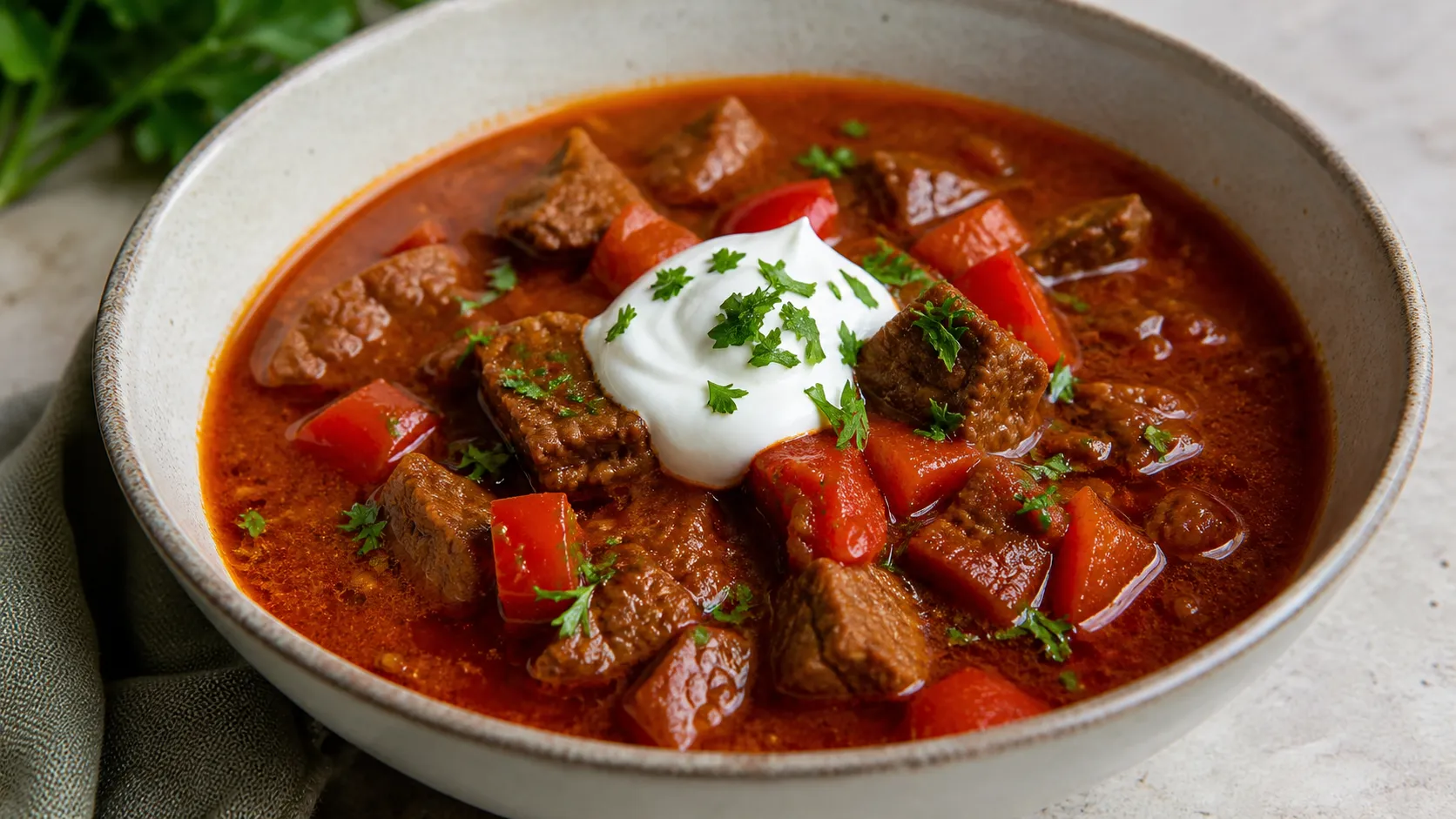 Keto Gulaschsuppe mit Rindfleisch, Paprika und Schmand in einem tiefen Suppenteller