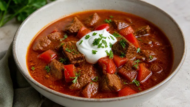 Keto Gulaschsuppe mit Rindfleisch, Paprika und Schmand in einem tiefen Suppenteller