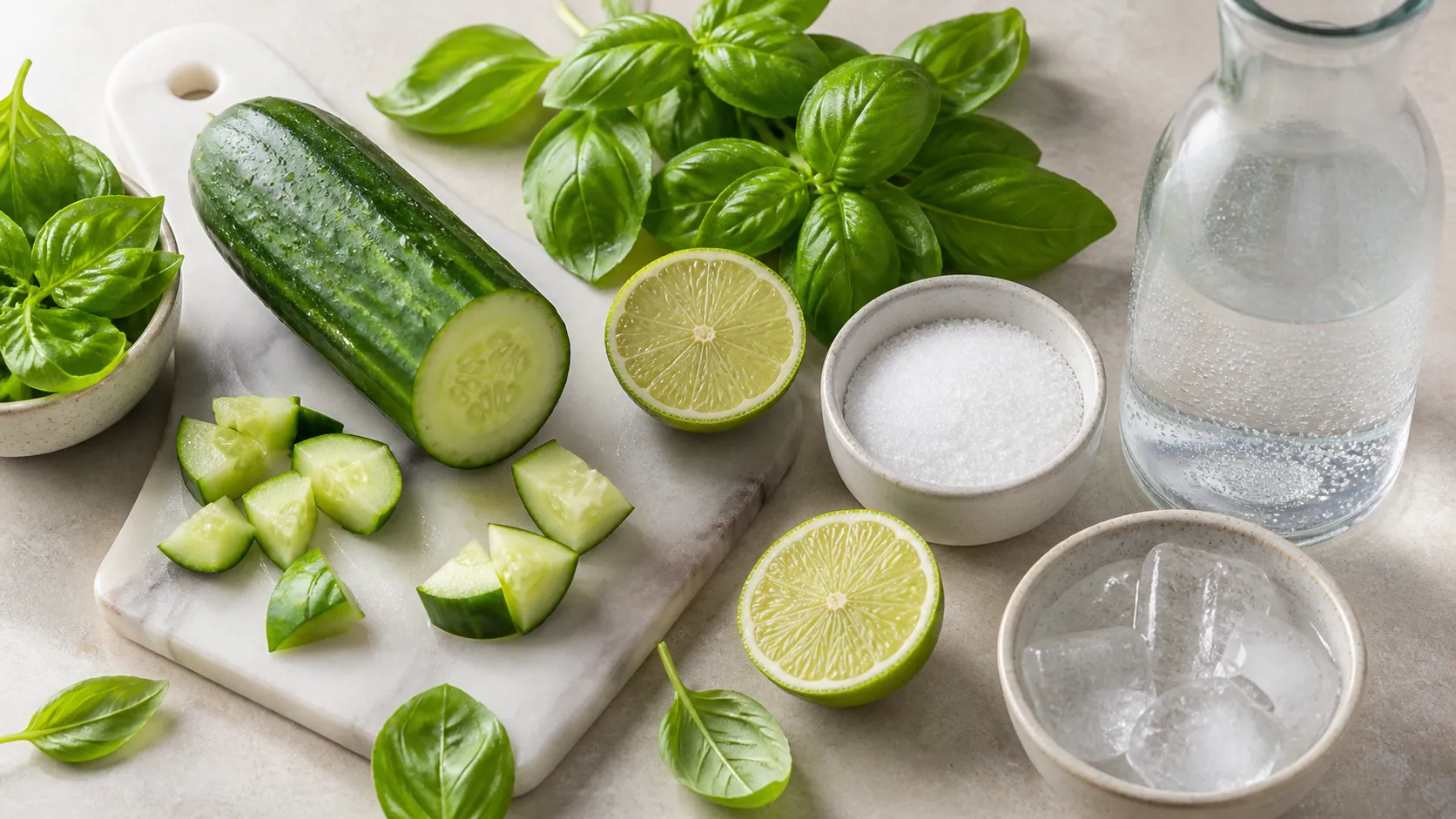 Zutaten für die Keto Gurke-Basilikum-Limonade: Salatgurke, Basilikum, Limetten, Erythrit und Sprudelwasser