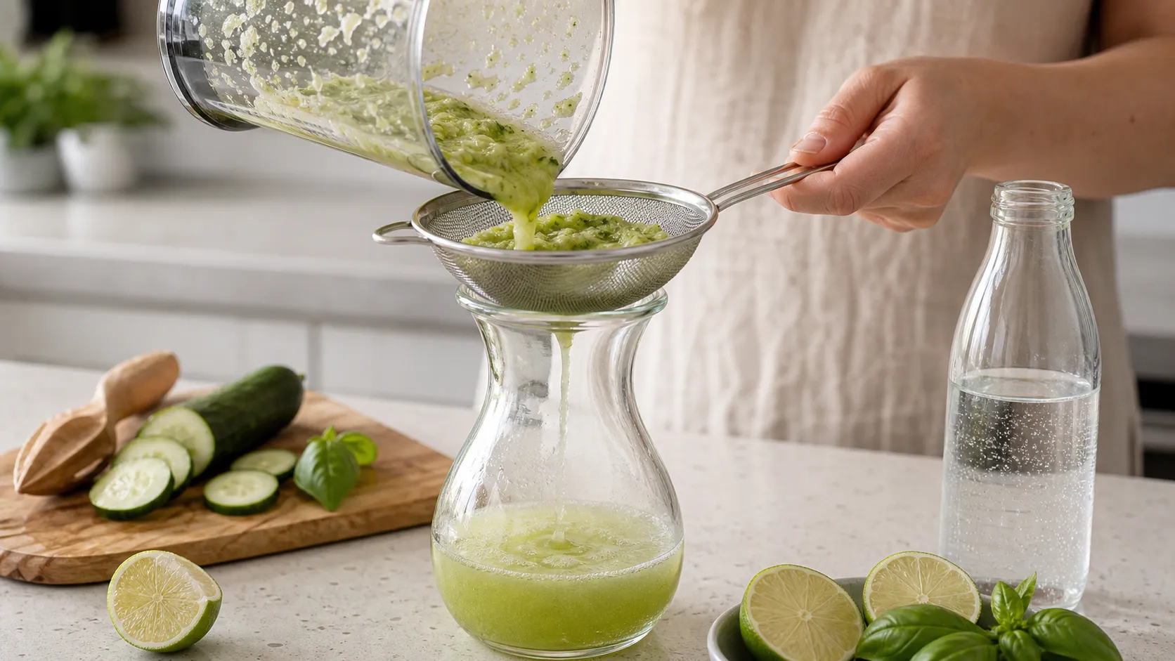 Gurkensaft wird durch ein Sieb in eine Karaffe gegossen