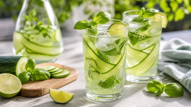 Keto Gurke-Basilikum-Limonade in einem Glas mit Gurkenscheiben, Basilikumblättern und Eiswürfeln