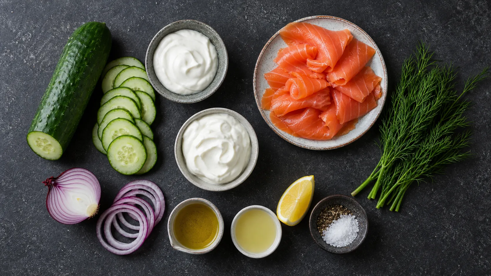 Zutaten für Keto-Gurken-Dill-Salat: Salatgurke, Räucherlachs, Schmand, Joghurt, Dill und rote Zwiebel