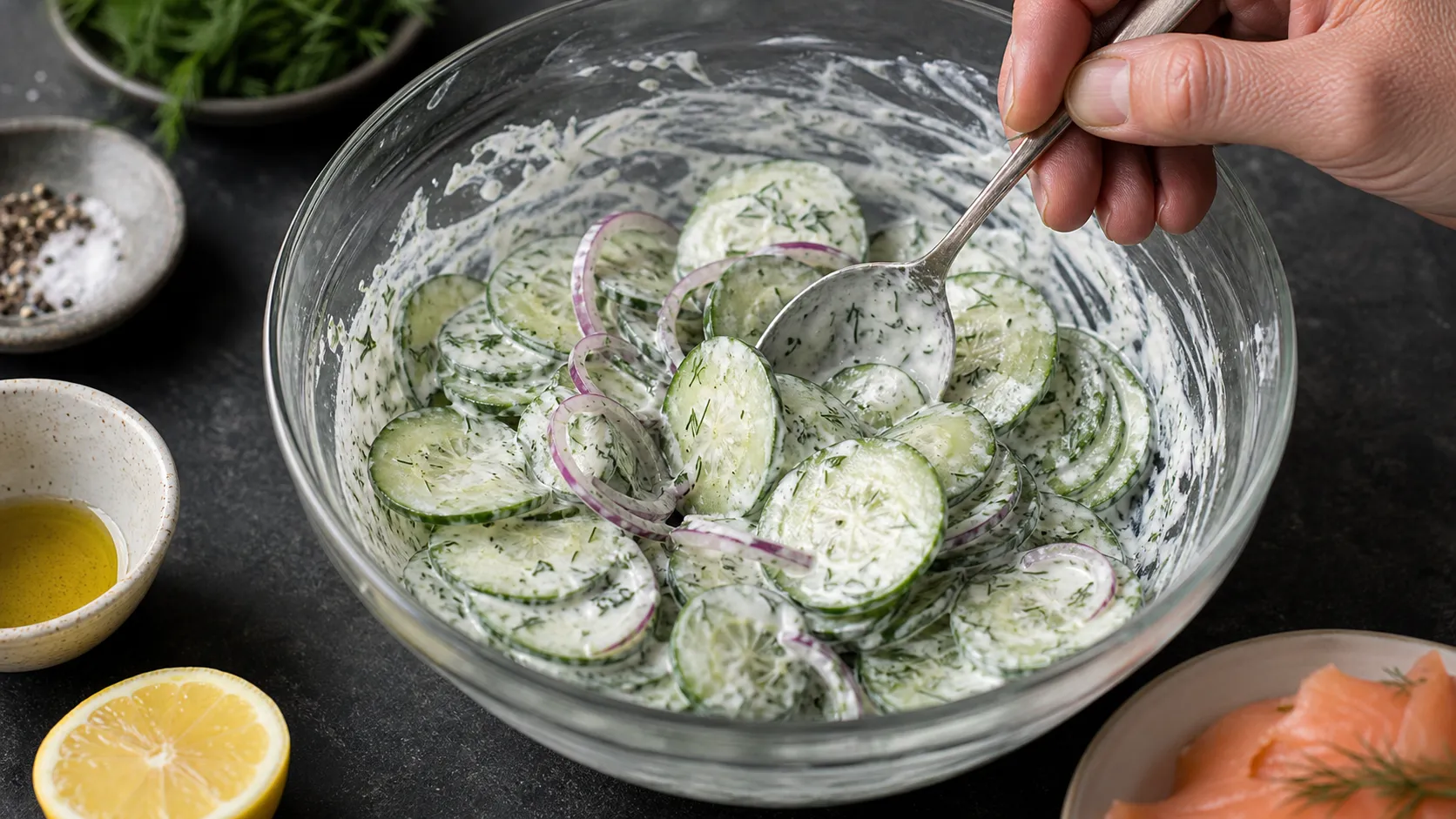 In Scheiben gehobelte Gurke wird mit cremigem Dill-Dressing vermengt