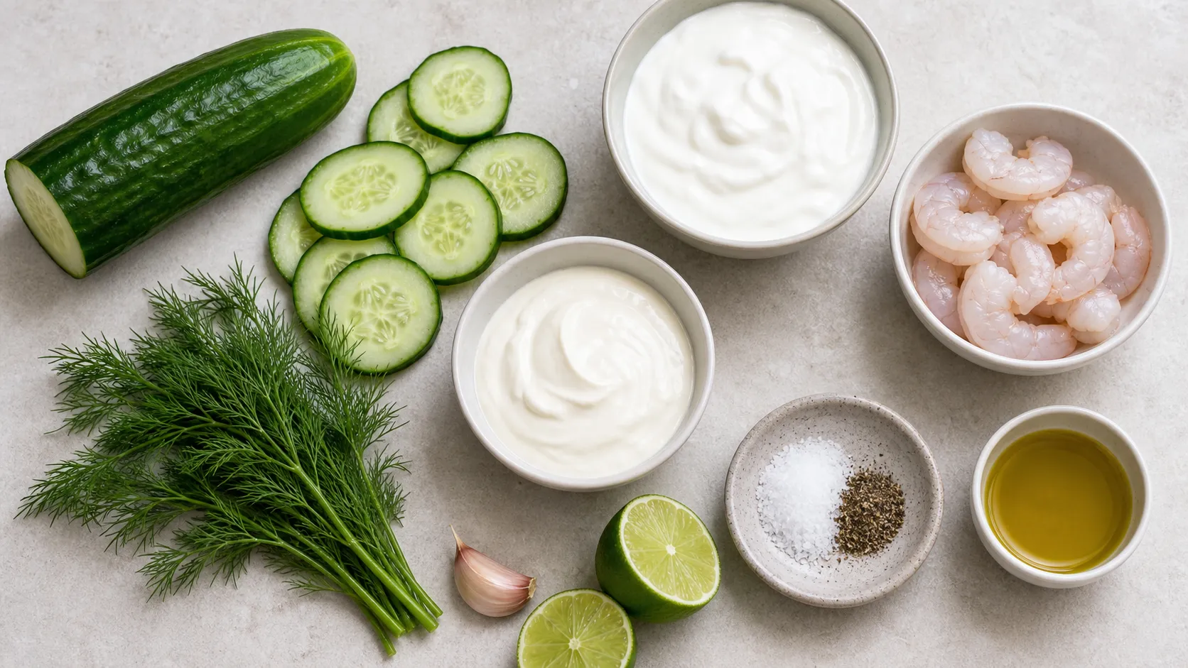 Zutaten für kalte Keto-Gurkensuppe mit Salatgurke, griechischem Joghurt, Schmand, Garnelen und Dill
