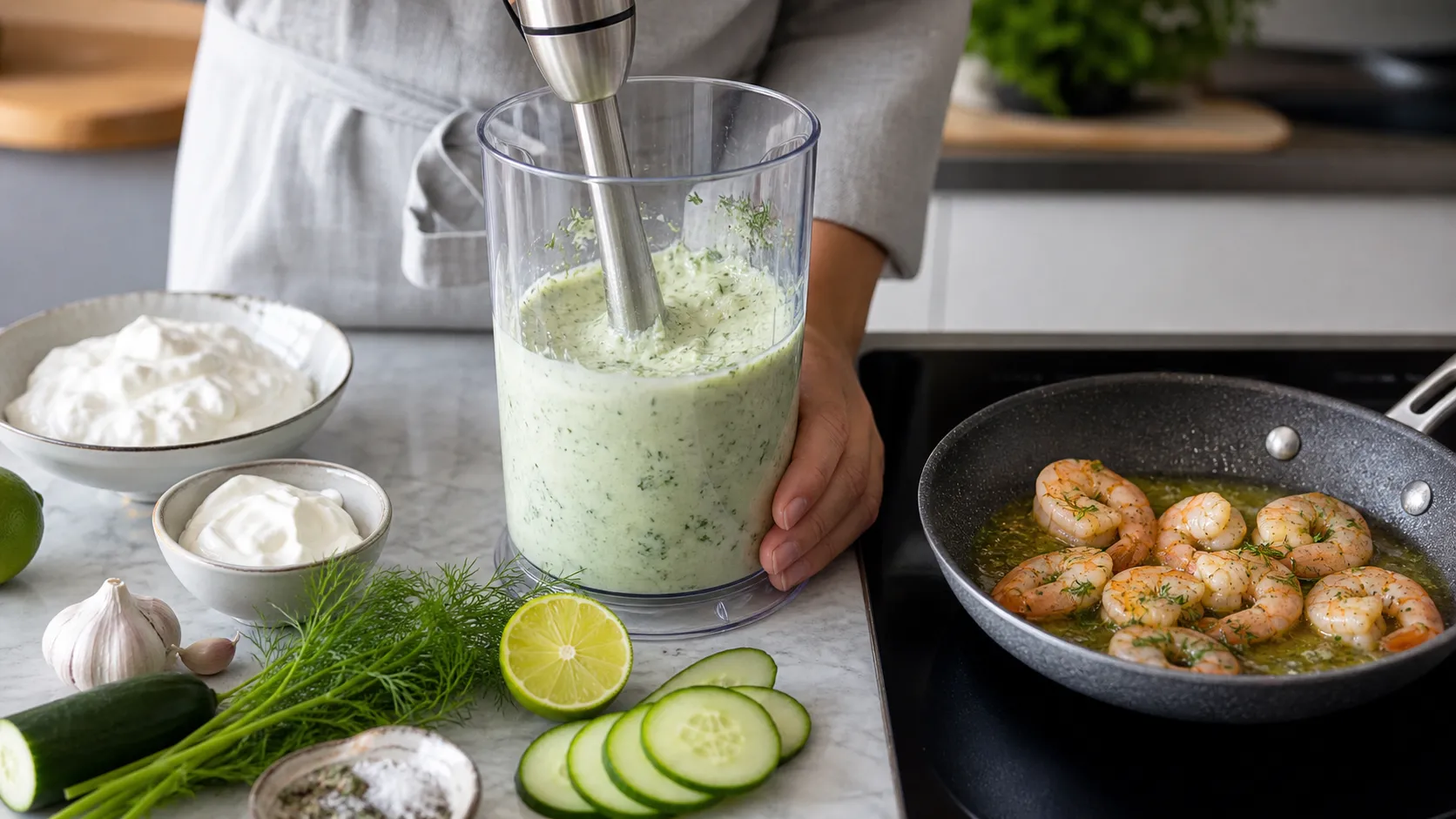 Gurken-Joghurt-Suppe wird püriert, daneben braten Garnelen in der Pfanne