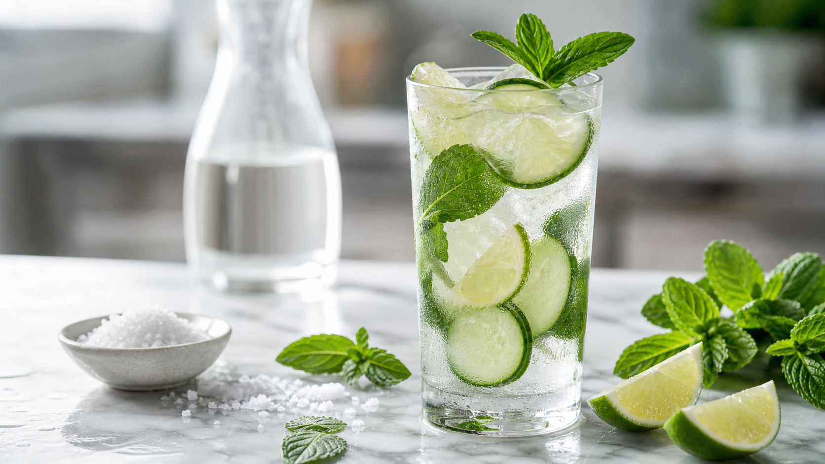 Glas Keto-Elektrolyt-Wasser mit Gurkenscheiben, Limettenspalten, Minzblättern und Eiswürfeln