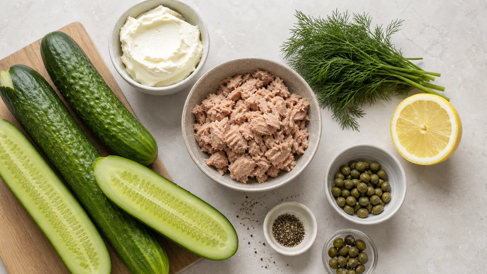 Zutaten für Keto Gurkenschiffchen mit Thunfisch-Creme: Gurken, Thunfisch, Frischkäse, Zitrone, Kapern, Dill und Pfeffer