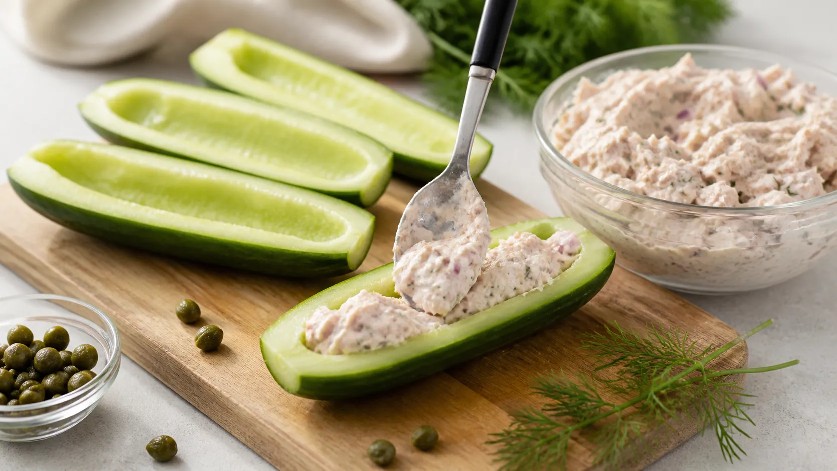 Ausgehöhlte Gurkenhälften werden mit Thunfisch-Frischkäse-Creme gefüllt, daneben Kapern und Dill