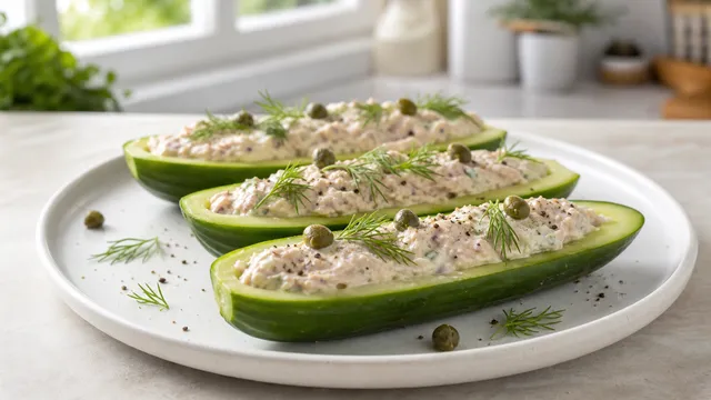 Keto Gurkenschiffchen gefüllt mit Thunfisch-Creme, garniert mit Dill und Kapern auf einem weißen Teller