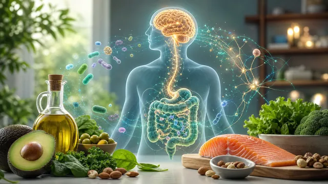 Medizinische Illustration der Darm-Gehirn-Achse mit Keto-Lebensmitteln und Mikrobiom-Signalen