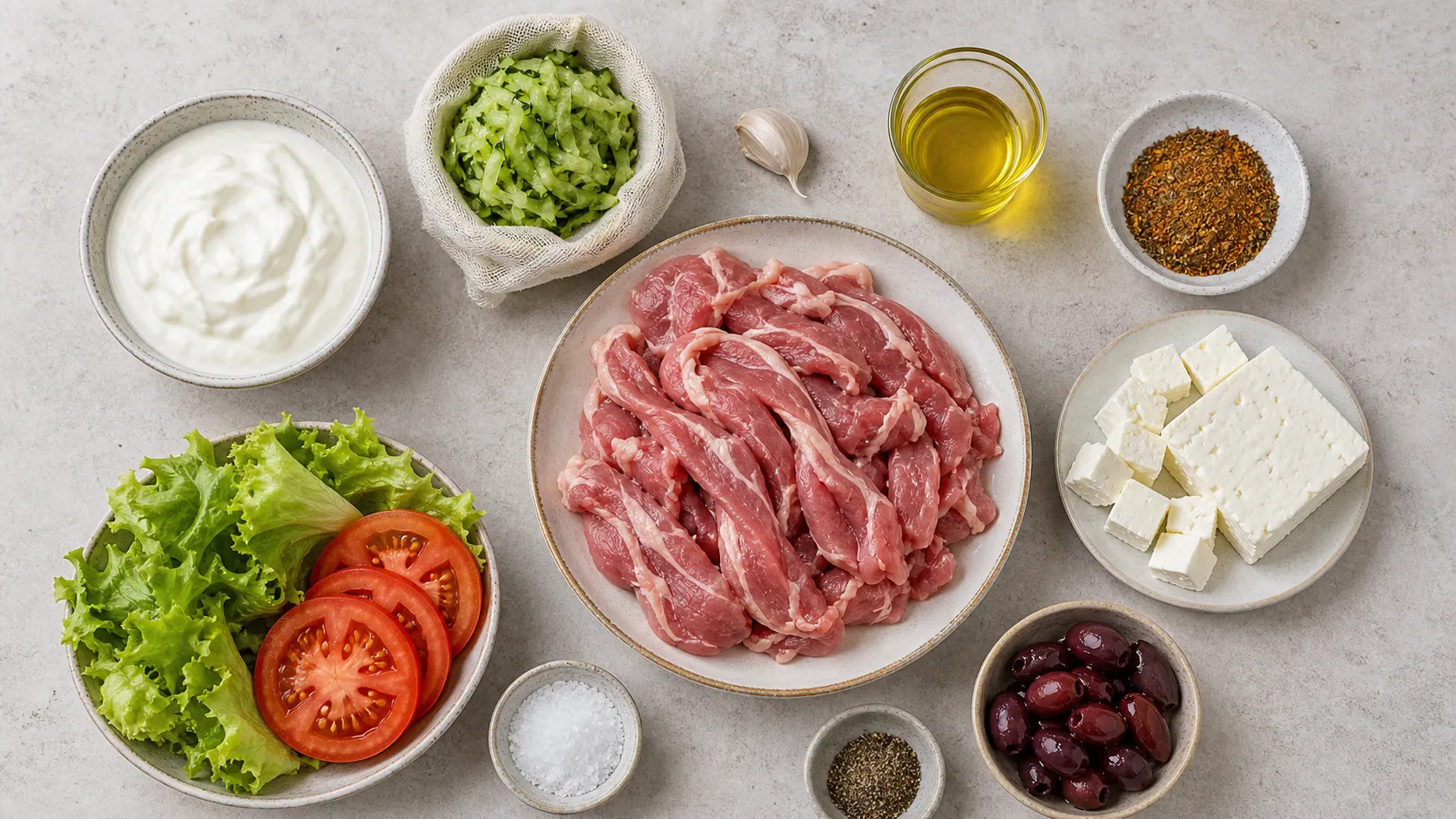Zutaten für Keto-Gyros mit Schweinenacken, griechischem Joghurt, Gurke, Feta, Oliven und Gyros-Gewürz