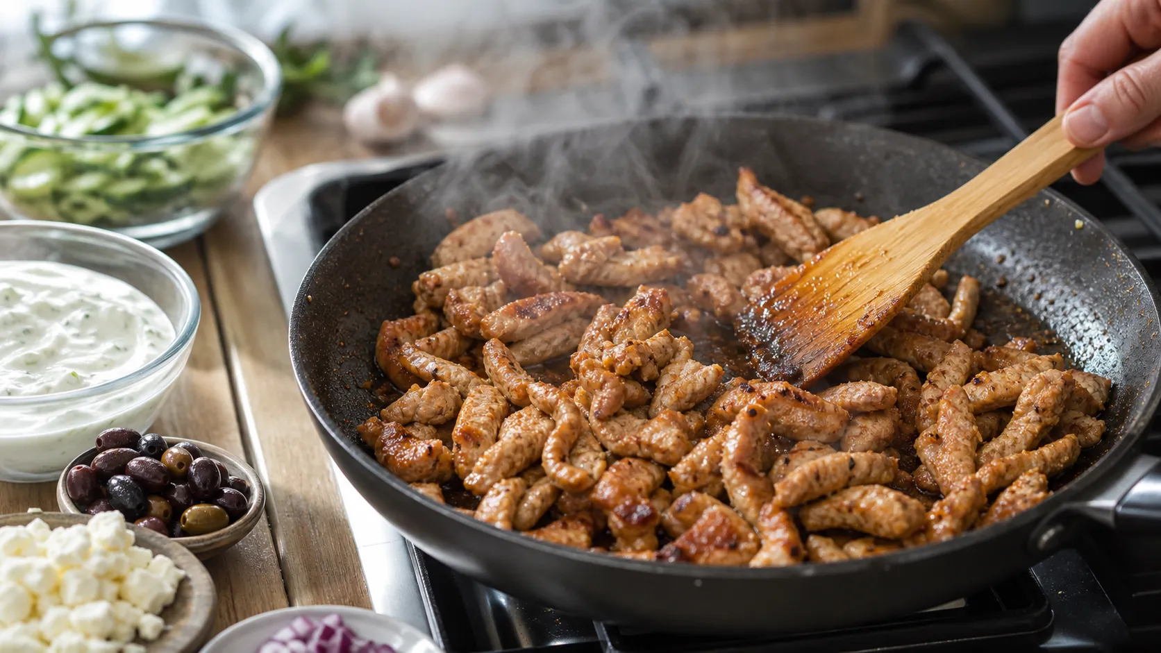 Marinierte Schweinefleischstreifen braten in der Pfanne für Keto-Gyros mit Tsatziki