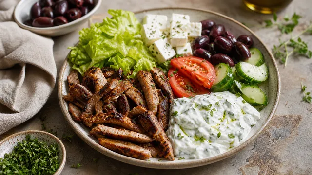 Keto-Gyros-Teller mit knusprigem Schweinenacken, Tsatziki, Feta, Kalamata-Oliven und Gurke