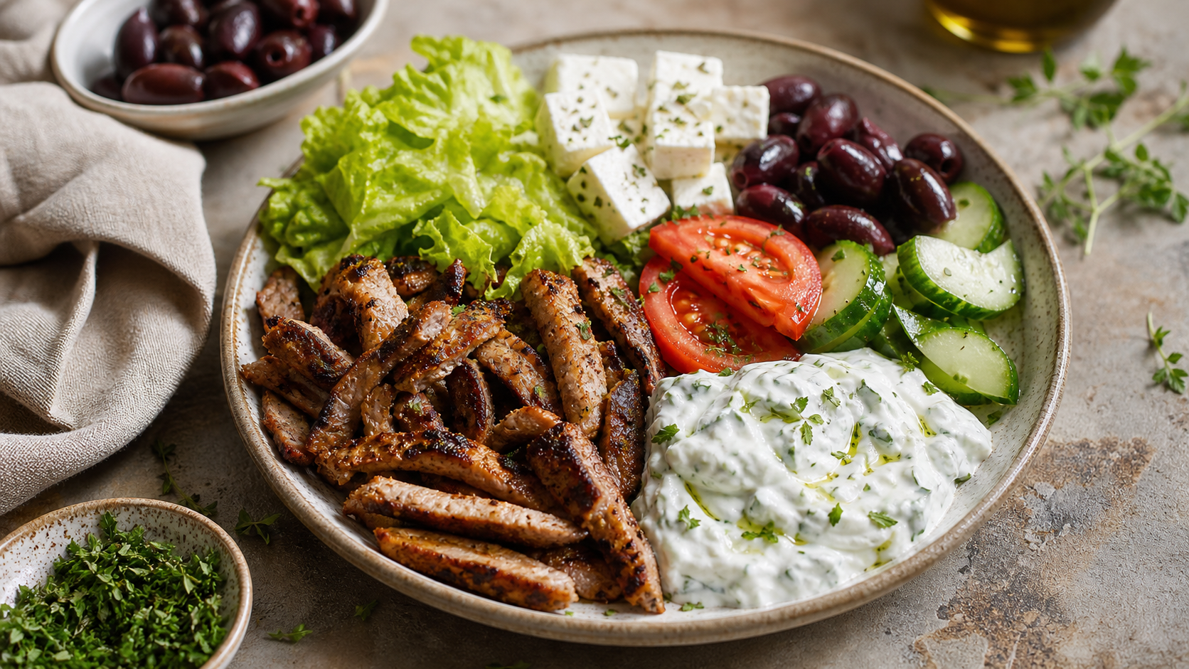 Keto-Gyros-Teller mit knusprigem Schweinenacken, Tsatziki, Feta, Kalamata-Oliven und Gurke