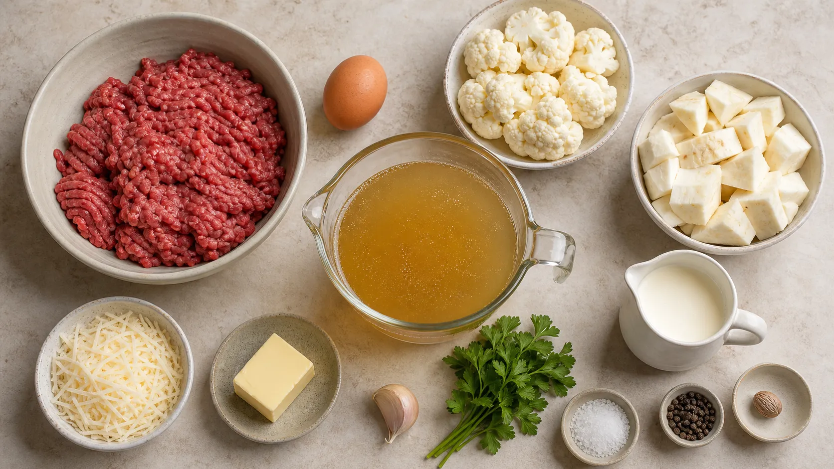 Zutaten für die Keto-Suppe: Rinderhackfleisch, Ei, Blumenkohl, Knollensellerie, Sahne, Butter und Brühe