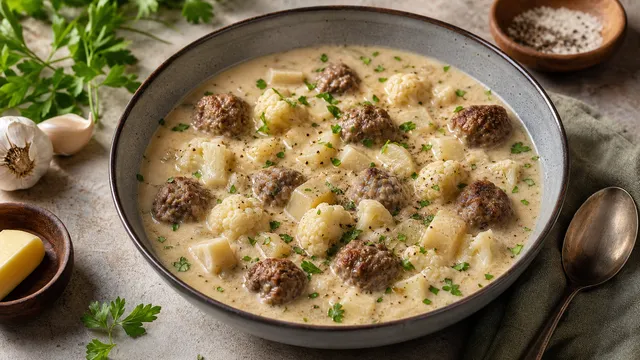 Keto-Hackbällchen-Suppe mit kleinen Fleischbällchen, Blumenkohl und Selleriewürfeln in einer Schüssel mit Petersilie