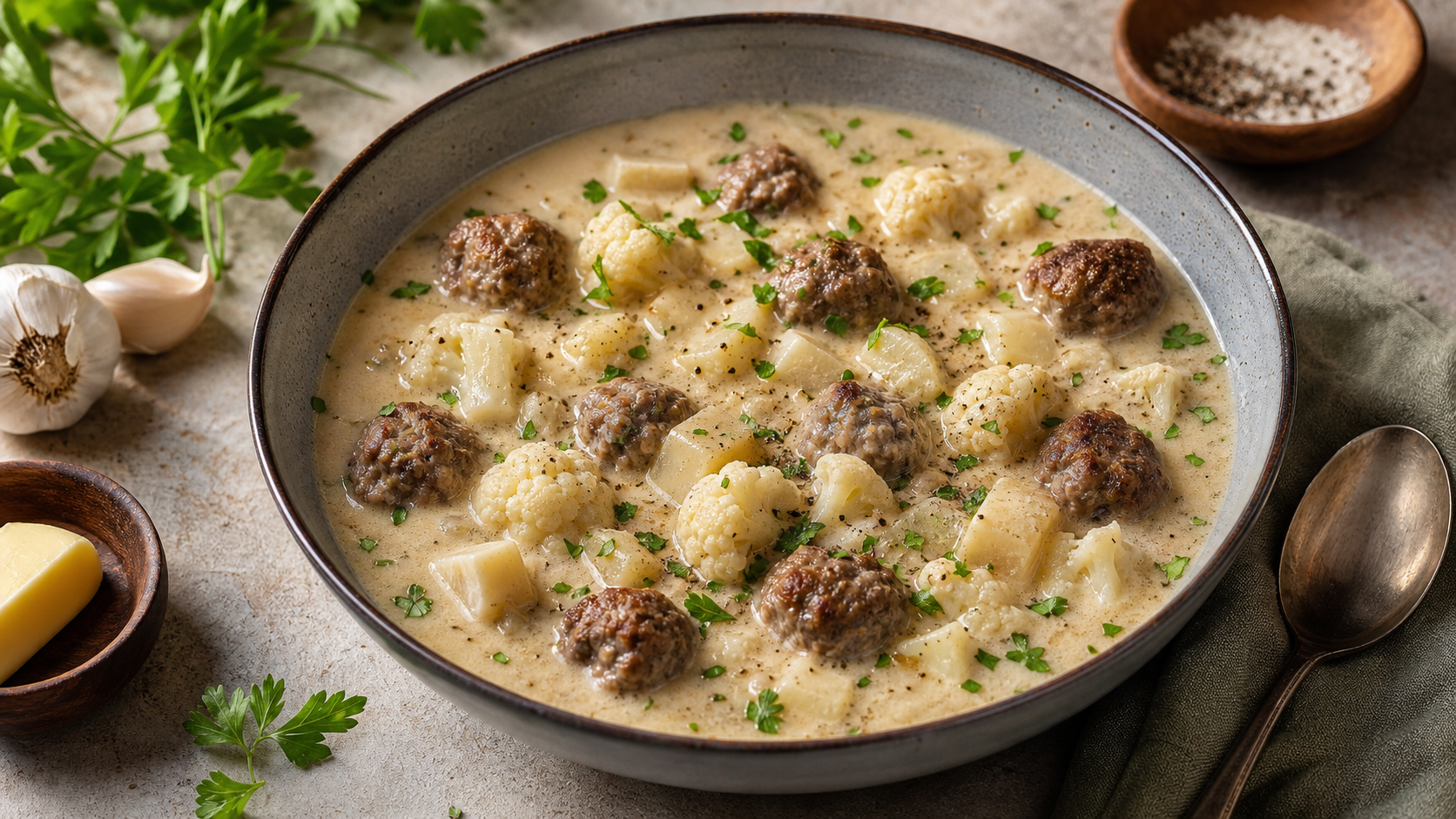 Keto-Hackbällchen-Suppe mit kleinen Fleischbällchen, Blumenkohl und Selleriewürfeln in einer Schüssel mit Petersilie