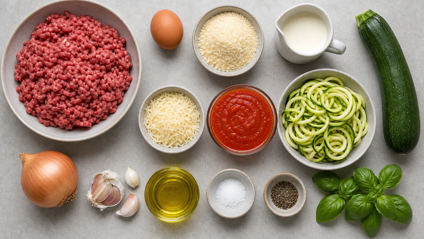 Zutaten für Keto-Hackbällchen: Rinderhackfleisch, Ei, Mandelmehl, Parmesan, passierte Tomaten, Sahne und Zucchini