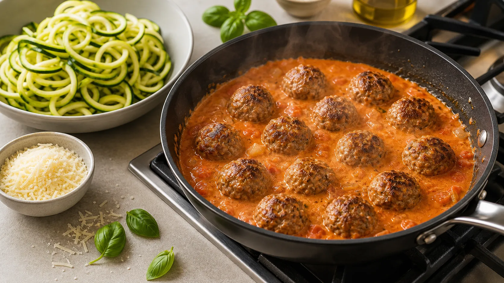 Gebratene Hackbällchen köcheln in der cremigen Tomaten-Sahne-Sauce in der Pfanne