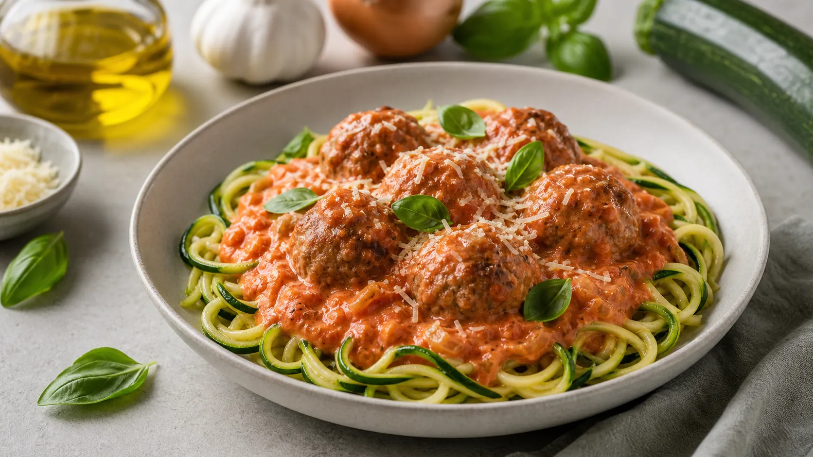 Keto Hackbällchen in cremiger Tomaten-Sahne-Sauce auf Zucchininudeln mit Parmesan und Basilikum