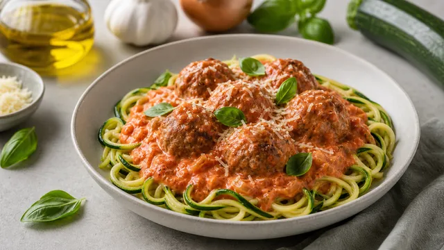 Keto Hackbällchen in cremiger Tomaten-Sahne-Sauce auf Zucchininudeln mit Parmesan und Basilikum
