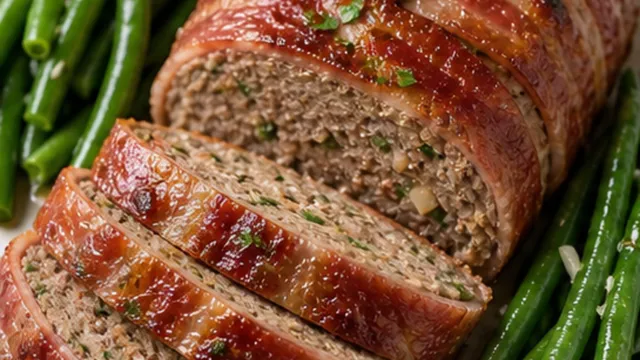 Keto Hackbraten mit Speckmantel und grünen Bohnen – Falscher Hase neu gedacht fertig angerichtet als ketogenes Rezept