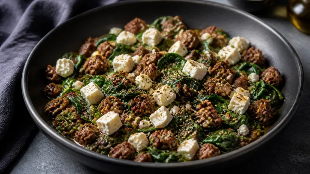 Keto Hackfleisch-Feta-Spinat-Pfanne mit zerbröseltem Feta und frischem Oregano in einer dunklen Pfanne