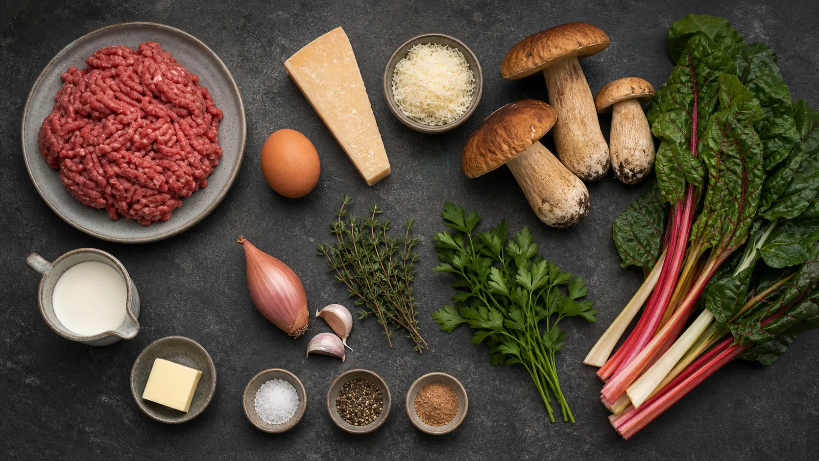 Zutaten: frische Steinpilze, Rinderhackfleisch, Mangoldblätter, Sahne, Butter, Schalotte, Ei und Parmesan
