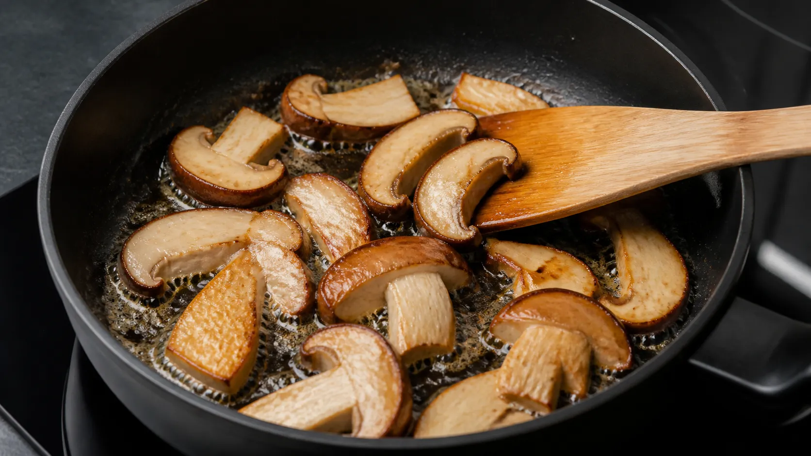 In Scheiben geschnittene Steinpilze braten in einer Pfanne mit Butter an