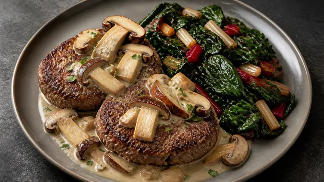 Zwei gebratene Hacksteaks mit heller Steinpilz-Rahmsauce und daneben angerichtetem Buttermangold auf einem Teller