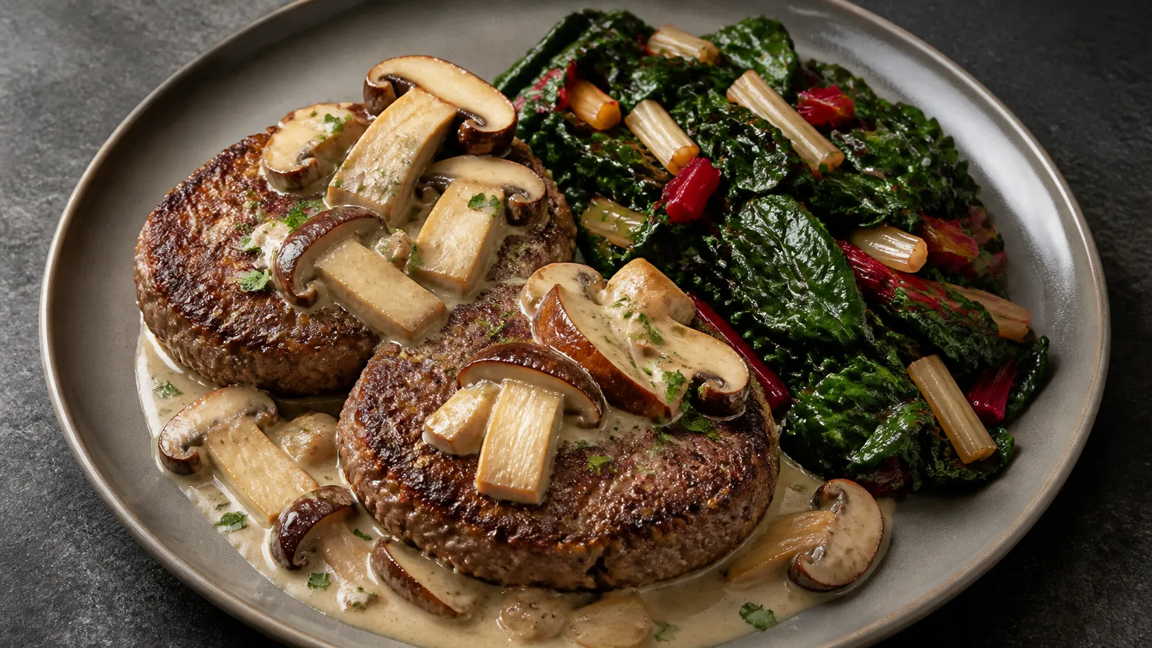 Zwei gebratene Hacksteaks mit heller Steinpilz-Rahmsauce und daneben angerichtetem Buttermangold auf einem Teller
