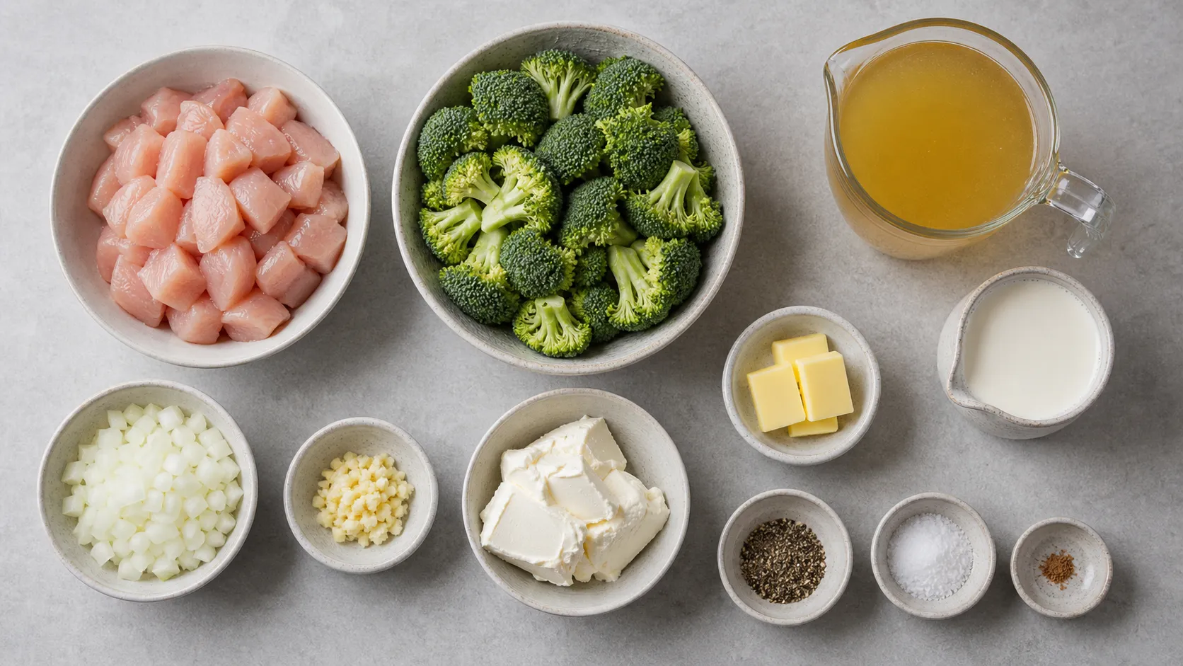 Zutaten für Keto-Hähnchen-Brokkoli-Rahmsuppe: Hähnchenbrust, Brokkoli, Sahne, Frischkäse, Zwiebel, Knoblauch und Brühe