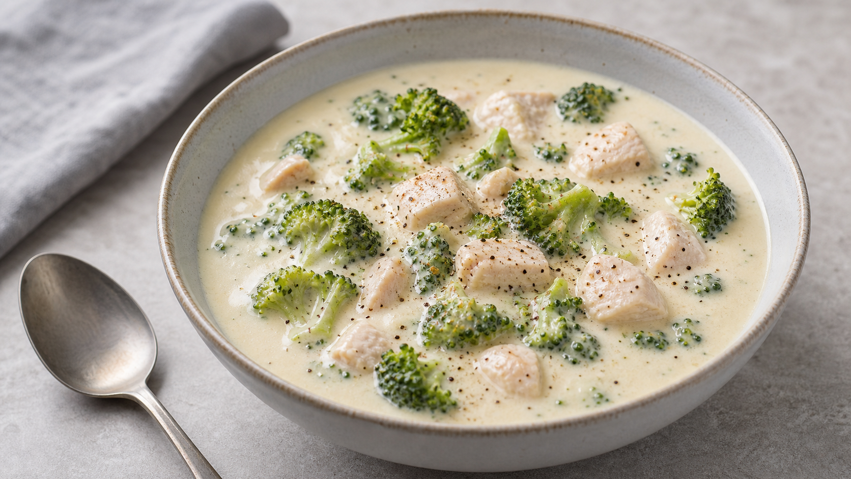Cremige Keto-Hähnchen-Brokkoli-Rahmsuppe mit Hähnchenstücken und Brokkoliröschen in einem tiefen Teller