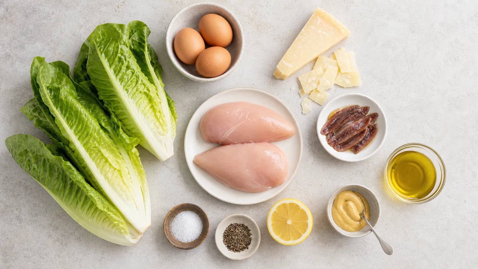 Zutaten für Keto-Hähnchen-Caesar-Salat mit Hähnchenbrust, Eiern, Romanasalat, Parmesan und Sardellen