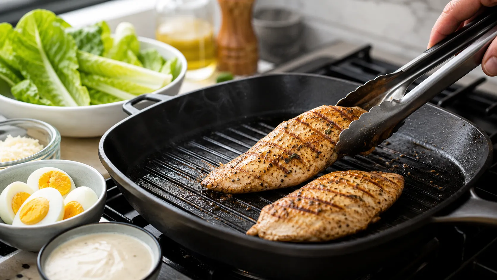 Hähnchenbrustfilet brät in der Grillpfanne für Keto-Caesar-Salat