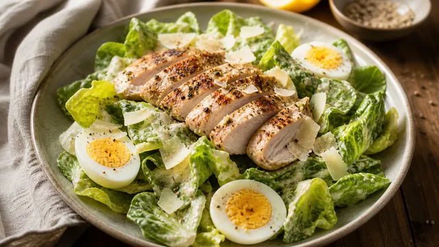 Keto-Hähnchen-Caesar-Salat mit gegrillter Hähnchenbrust, Romanasalat, Ei und Parmesan ohne Croutons