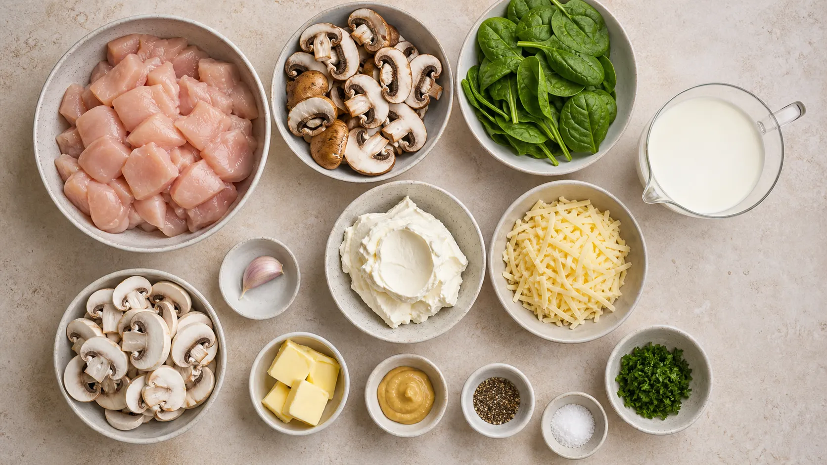 Zutaten für Keto-Hähnchen-Champignon-Auflauf: Hähnchenbrust, Champignons, Frischkäse, Sahne, geriebener Käse und Spinat