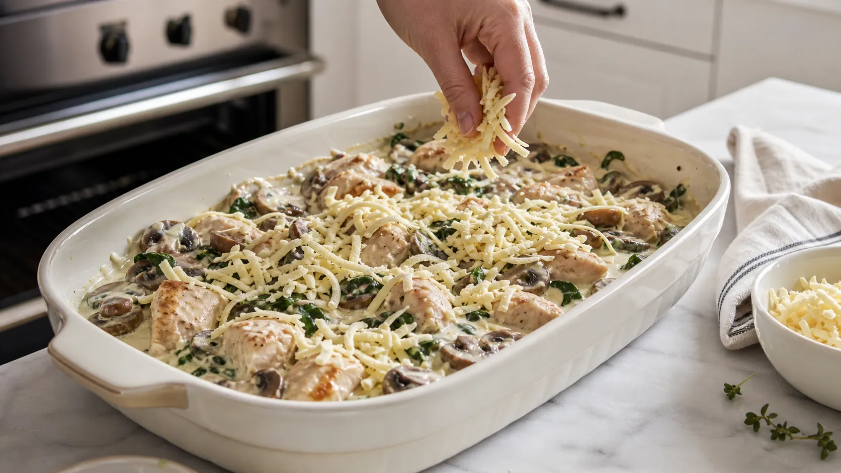 Angebratenes Hähnchen mit Champignons in Sahnesauce wird in eine Auflaufform geschichtet und mit Käse bestreut