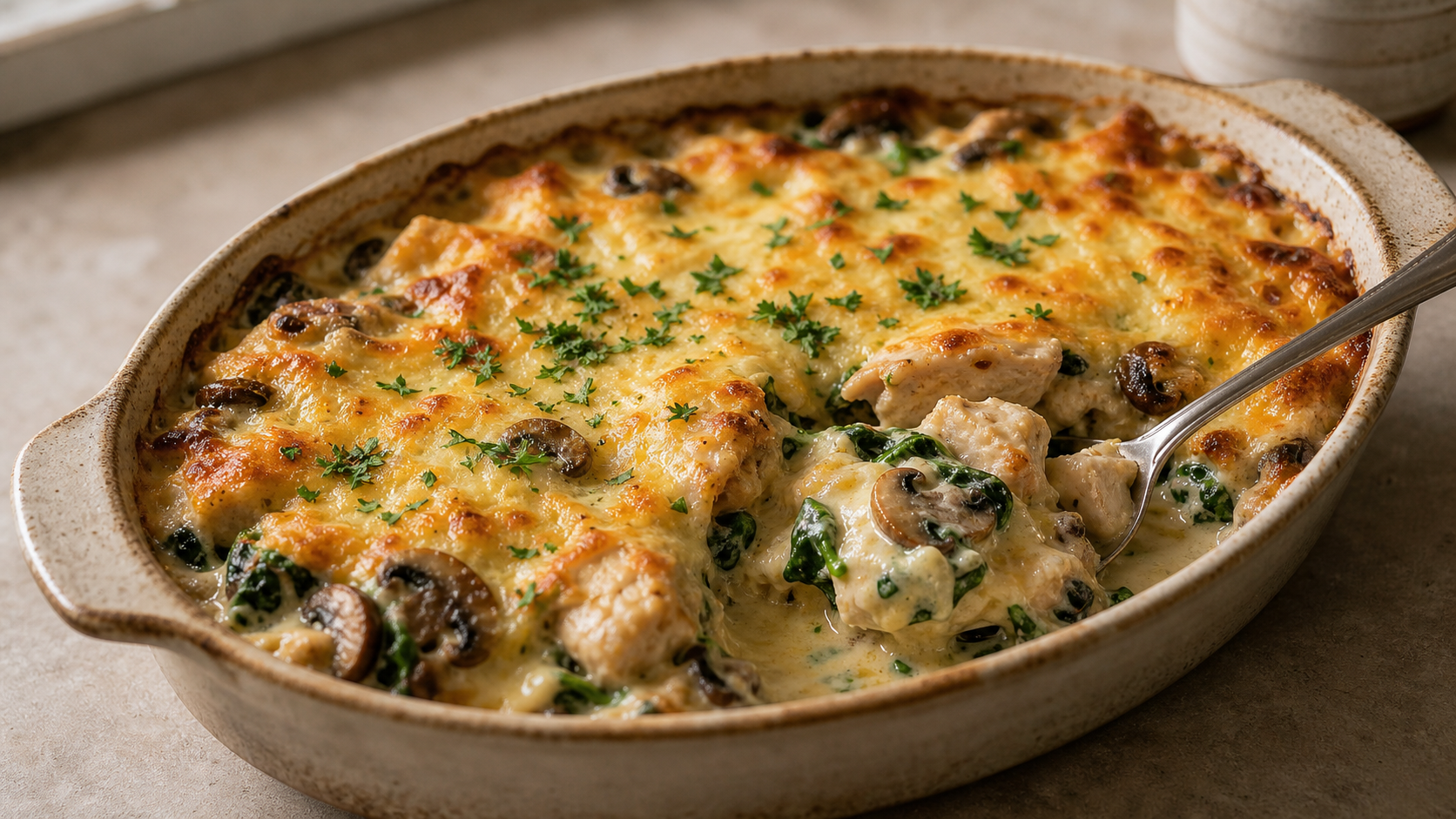 Goldbraun überbackener Keto-Hähnchen-Champignon-Auflauf mit Käsekruste in einer Auflaufform