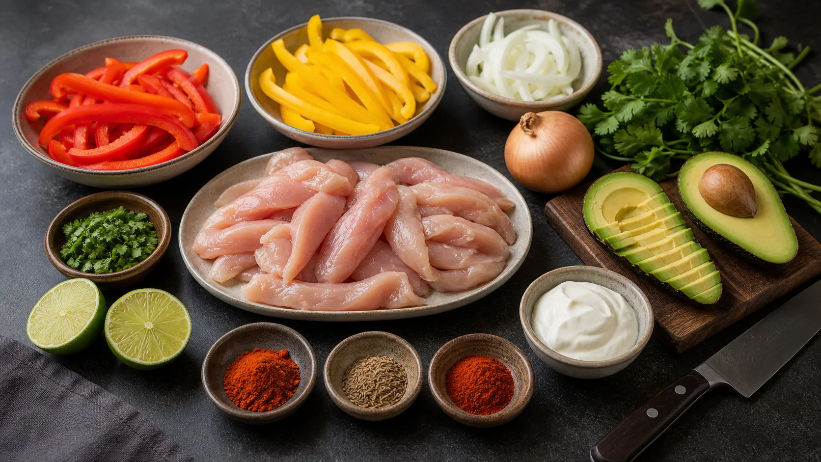 Zutaten für die Keto-Hähnchen-Fajita-Pfanne: Hähnchenbrust, rote und gelbe Paprika, Zwiebel, Limette, Avocado, Sauerrahm und Gewürze